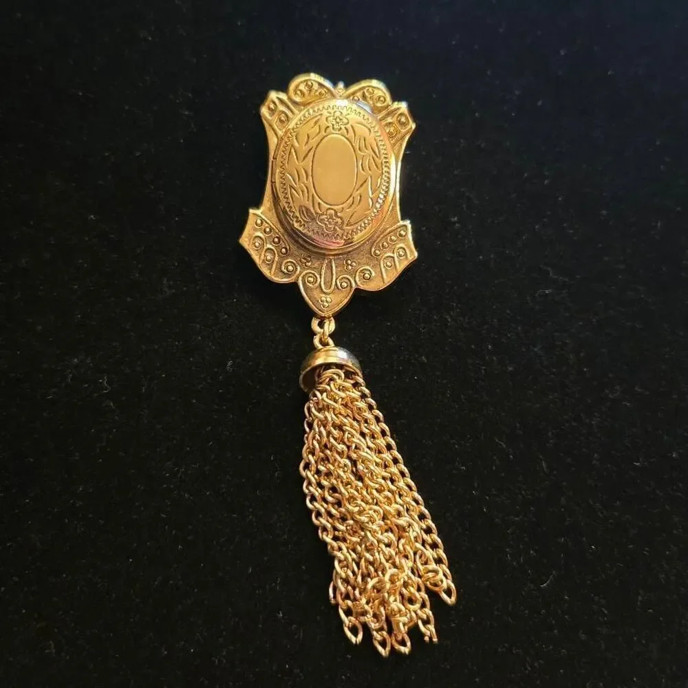 Vintage Victorian Style Locket Brooch Pin Chain Tassle Gold Tone